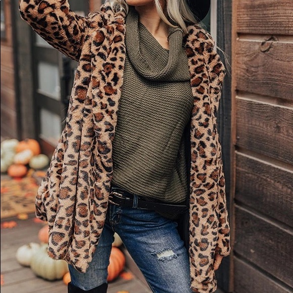 Leopard Print Pocket Coat Faux Fur Jacket - Picture 8 of 13